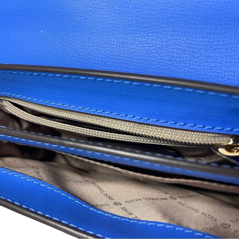 Michael Kors Mott Large Leather Shoulder Bag Oxford Blue Gold Chain NWT - Picture 9 of 12